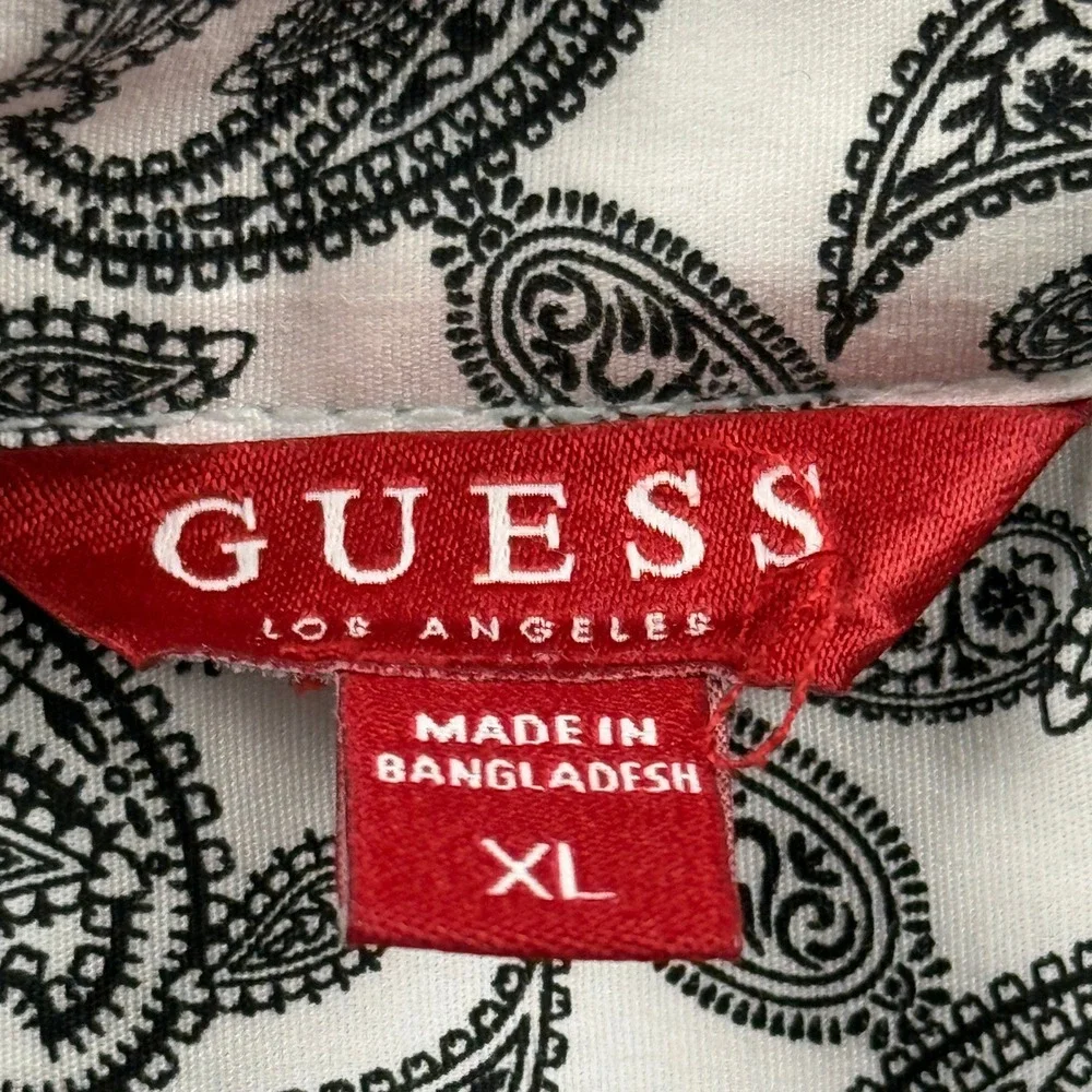GUESS Womens Paisley Button Up Shirt White Black Long Sleeve XL Regular Fit